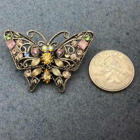 Butterfly Pin Brooch Silver As Is Rhinestone Pink Green Blue Yellow Retro Boho - Picture 1 of 11